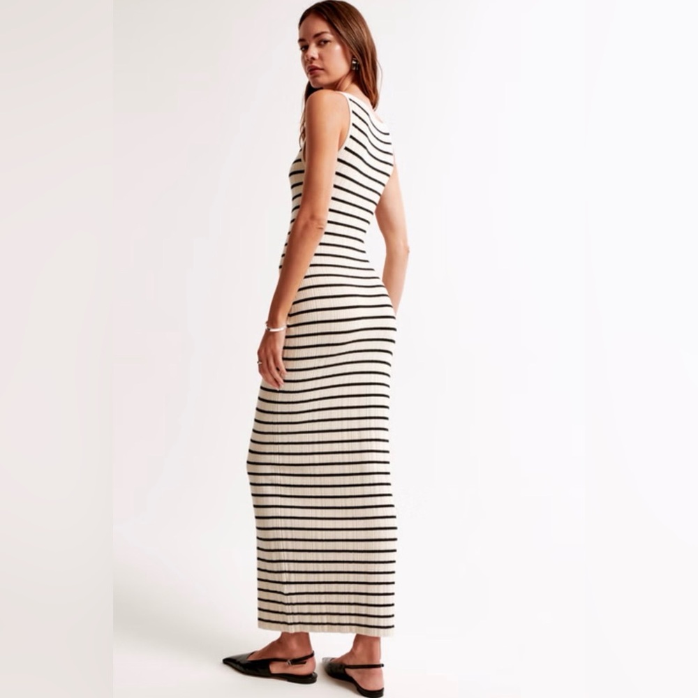 Abercrombie & Fitch High Neck Cream Stripe Ribbed Midi Sweater Dress L NWT - Picture 2 of 9